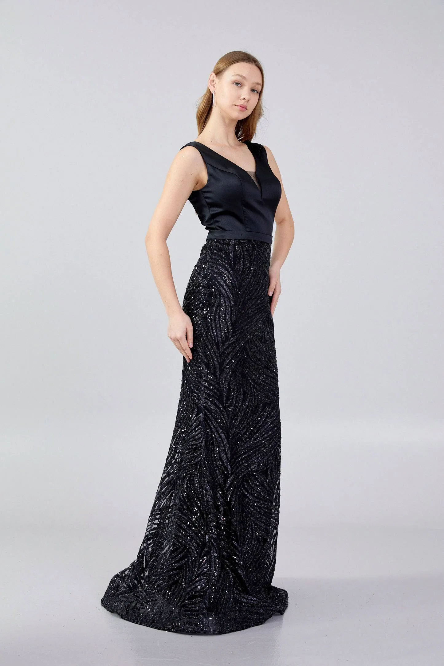 Sleeveless Maxi Sequin Mermaid Regular Black Evening Dress Vıe1320syh Black