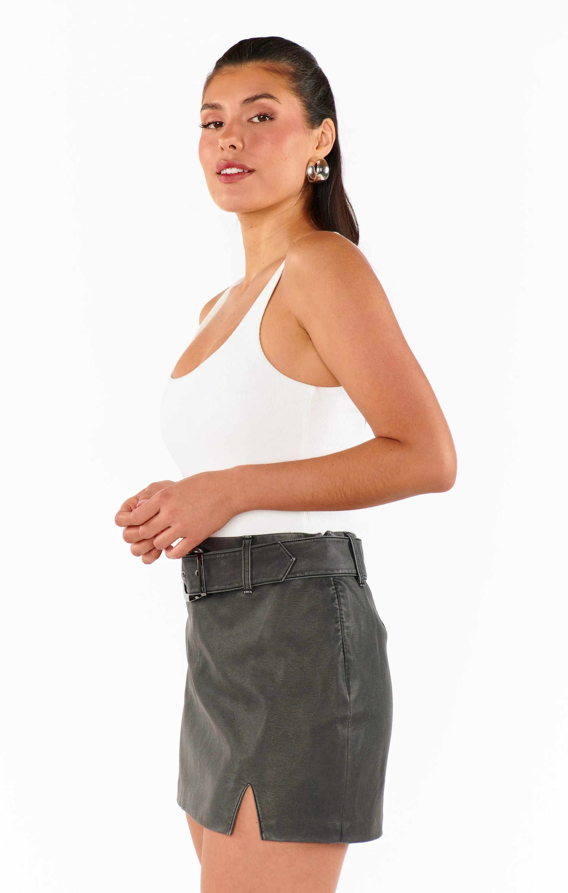 Tyra Belted Skirt ~ Vintage Black Faux Leather