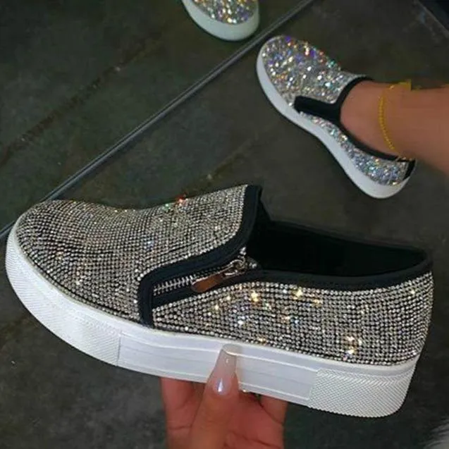 Women's cute glitter slip on platform sneakers zipper comfort walking shoes