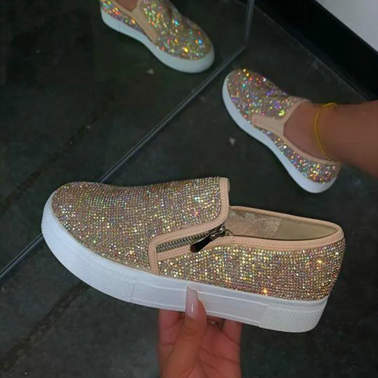 Women's cute glitter slip on platform sneakers zipper comfort walking shoes