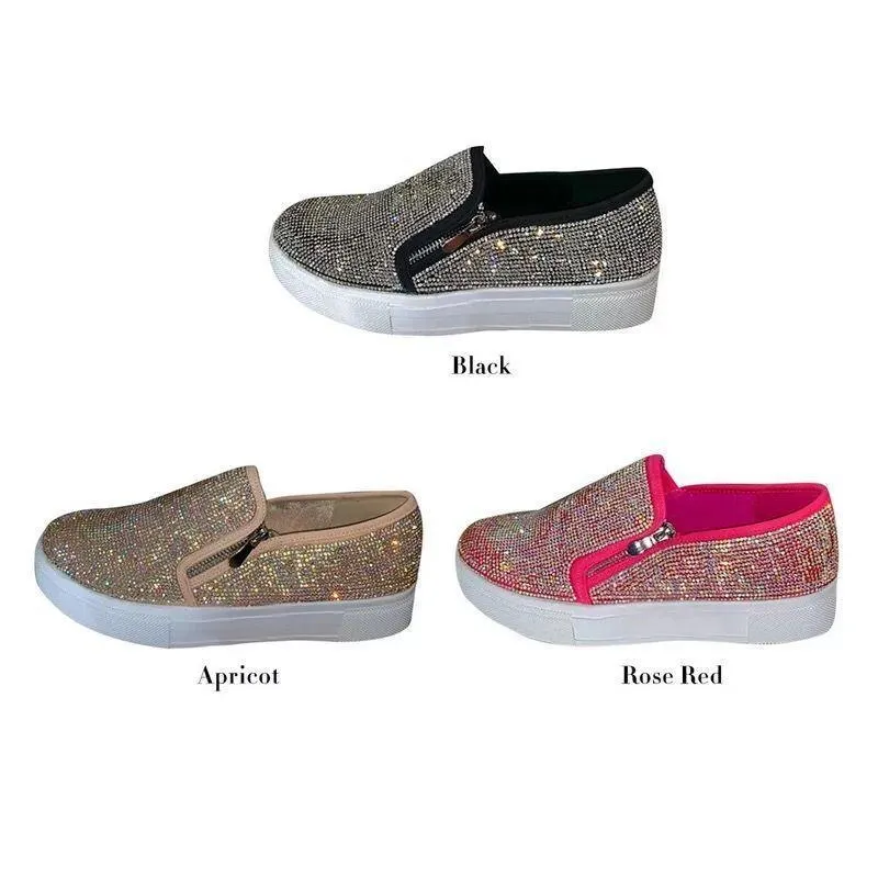 Women's cute glitter slip on platform sneakers zipper comfort walking shoes