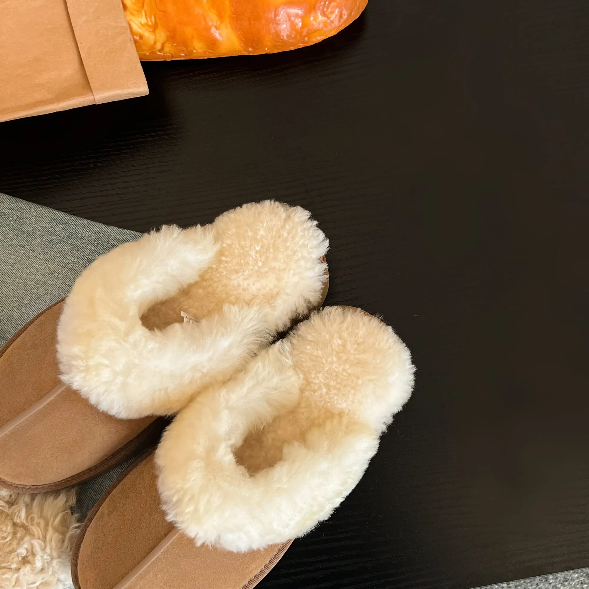 Womens Genuine Suede Leather Wool Fluffy Winter Mules