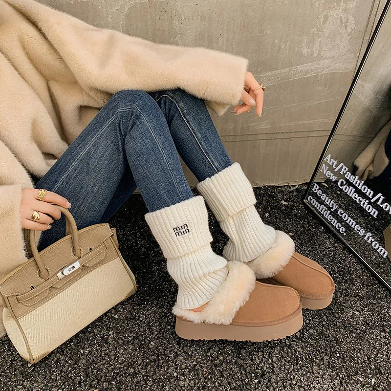 Womens Genuine Suede Leather Wool Fluffy Winter Mules